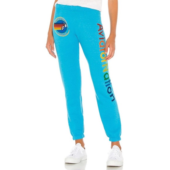 Aviator Nation Pants - Aviator Nation Aspen Colorado Sweatpants neon Blue Rainbow Logo Joggers XS